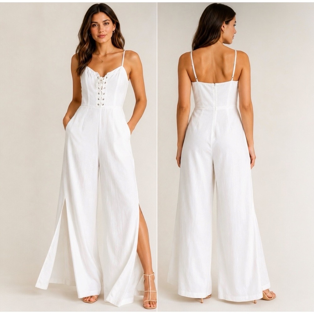VENUS White Linen Corset Lace Up Wide Leg Slit Jumpsuit Size 8 Pockets